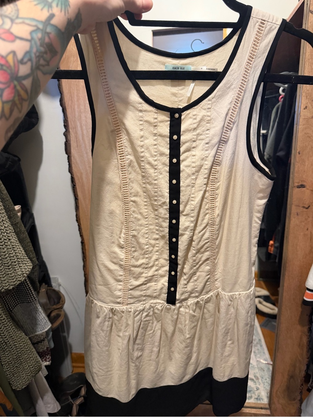 Urban Outfitters *Vintage* Kimchi Cream and Black Button-Front Peplum Dress